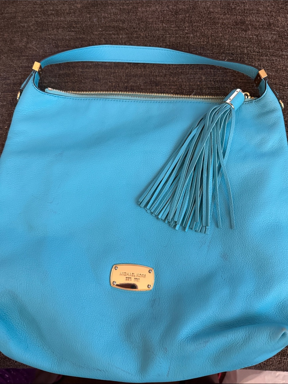 Michael Kors Bright Turquoise Leather Tassel Shoulder Bag